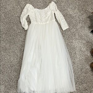 David's Bridal White Lace & Tulle Long Sleeve Flower Girl Gown